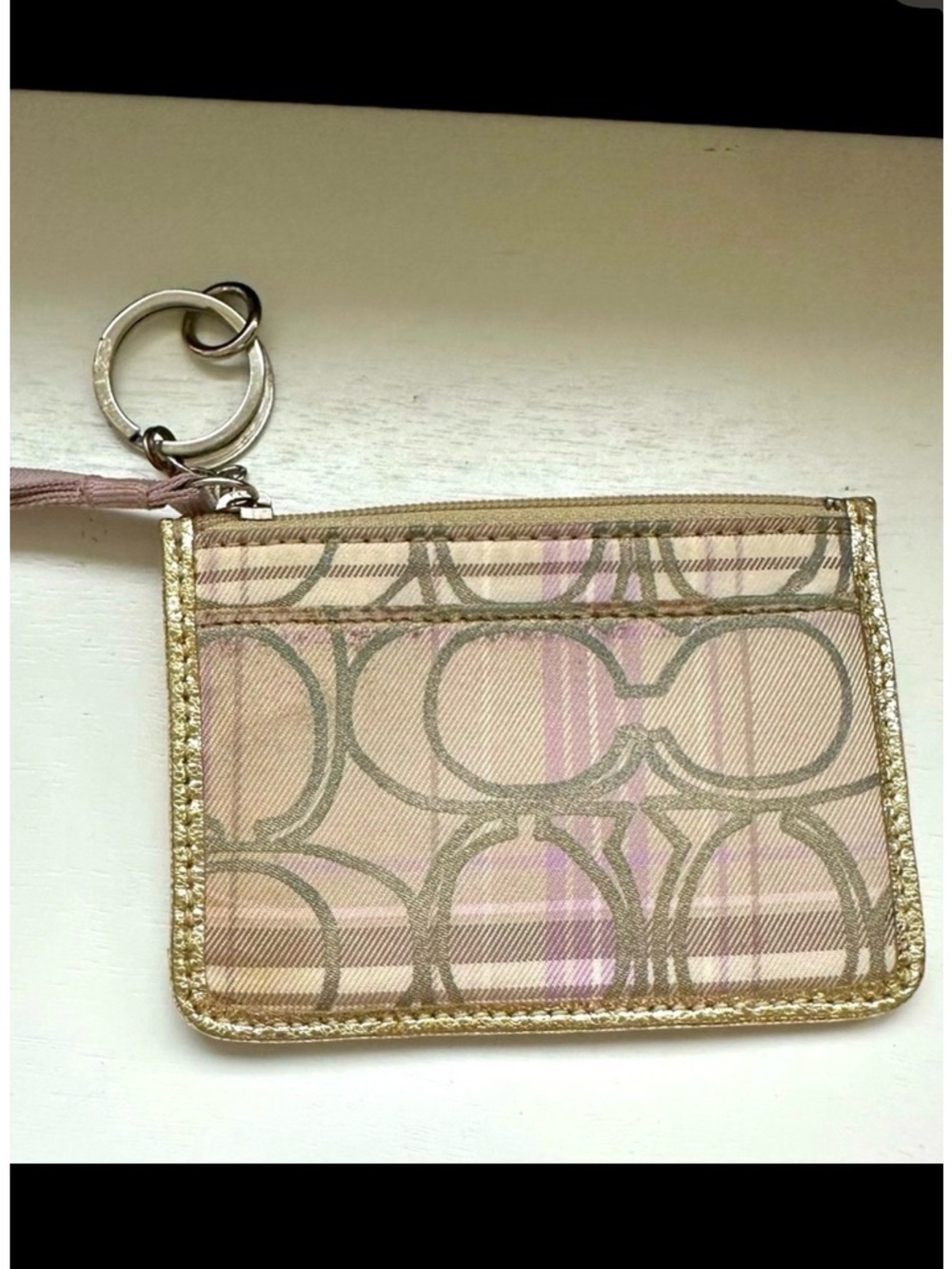 Coach Signature Cream and Lilac Keychain Wallet EUC HOST PICK